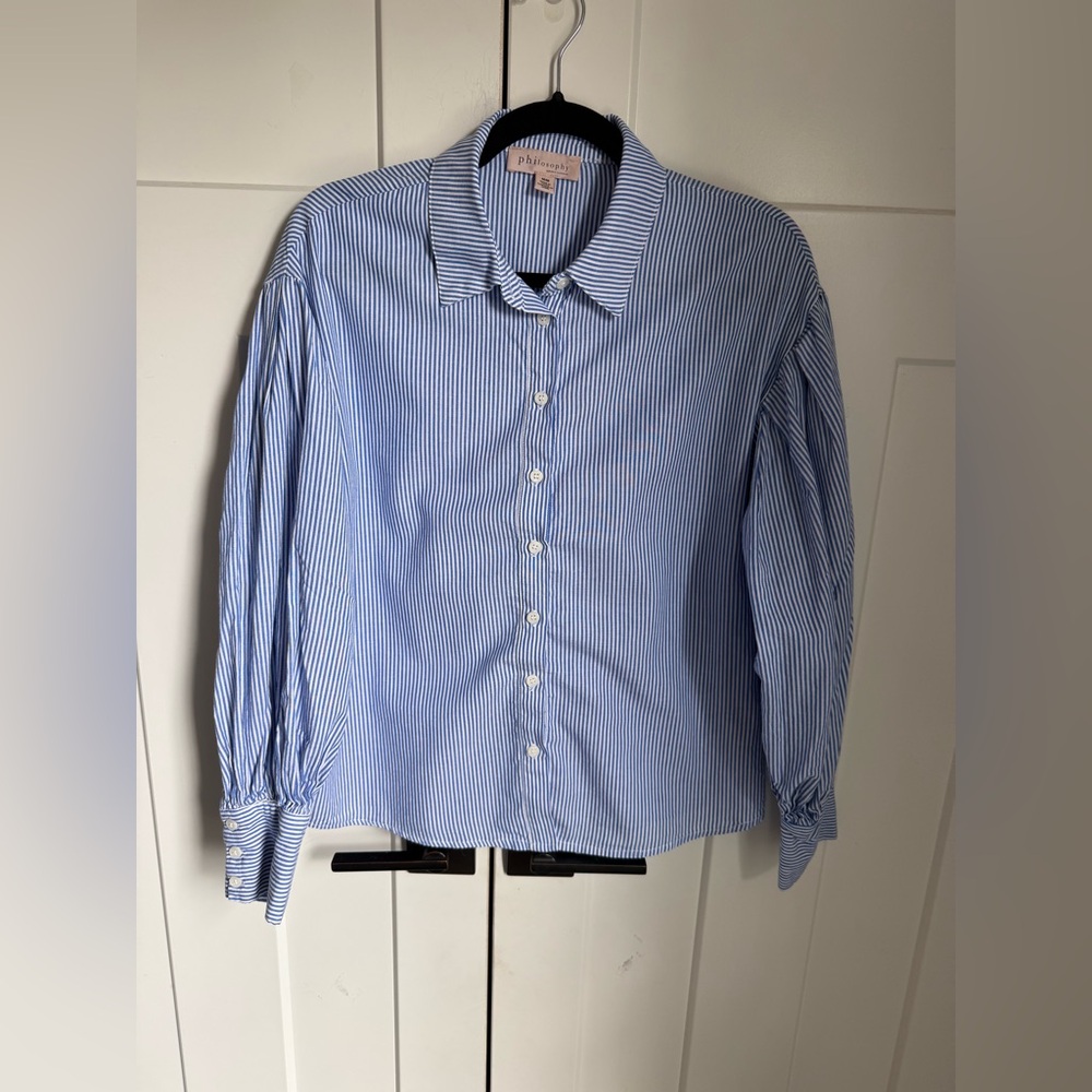 Philosophy Blue Striped Cotton Button-Up Shirt with balloon sleeves. Size M.